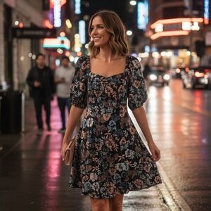 Black And  Foral Baby Doll Dress